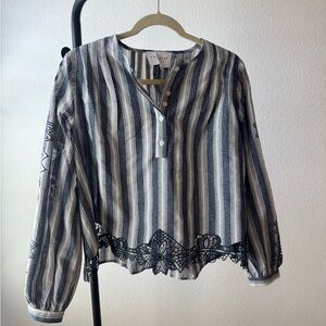 The Shirt by Rochelle Behrens Blue and Cream Patterned Blouse